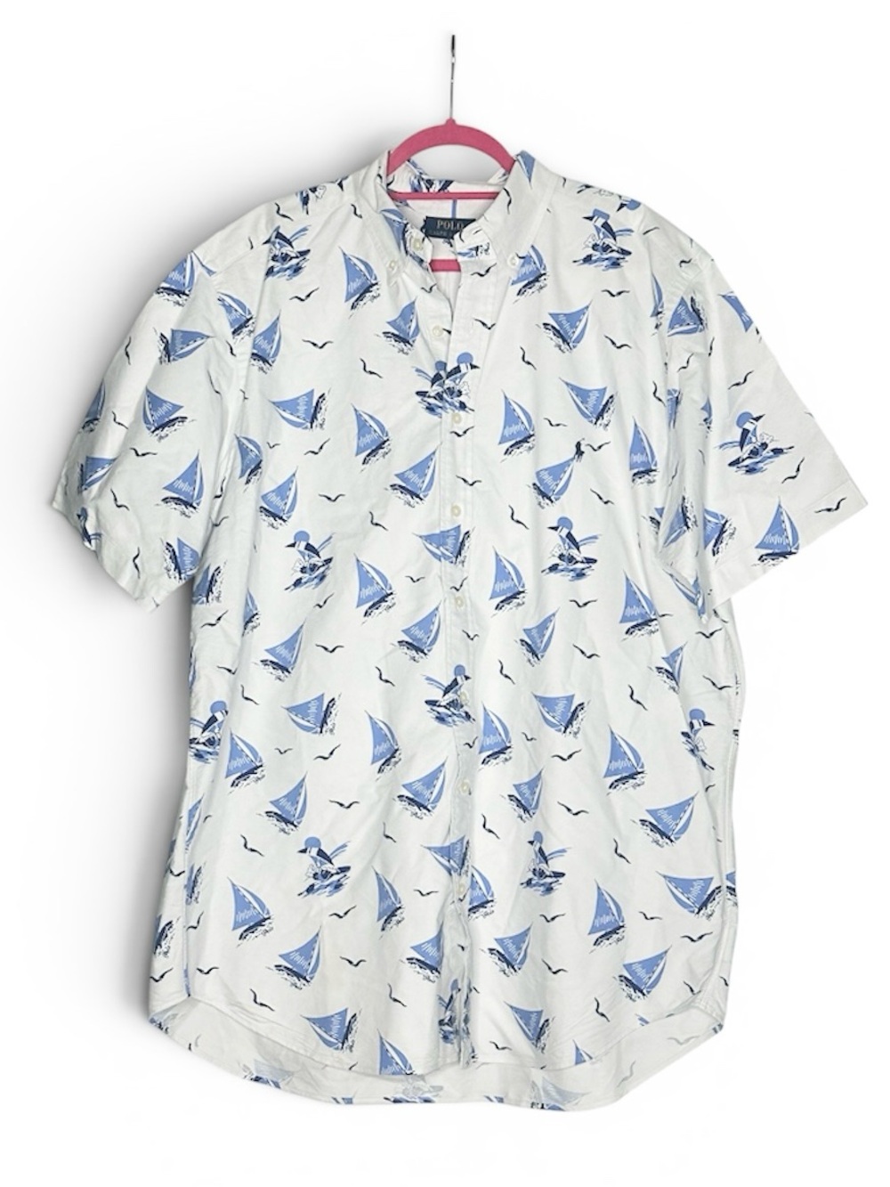Polo Ralph Lauren 100% Cotton Button Down Short Sleeve Shirt XL Tall White Boat